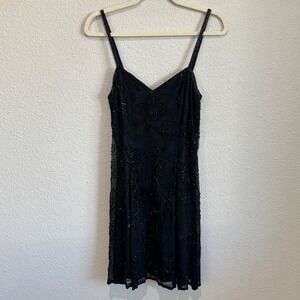 VTG Black 100% Silk Beaded Floral Cocktail Dress Strappy Back Whimsigoth Prom